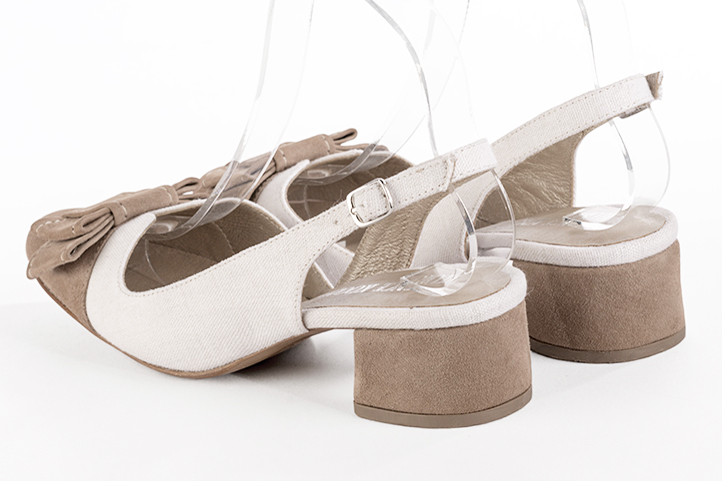 Biscuit beige and pure white women's open back shoes, with a knot. Round toe. Low flare heels. Rear view - Florence KOOIJMAN